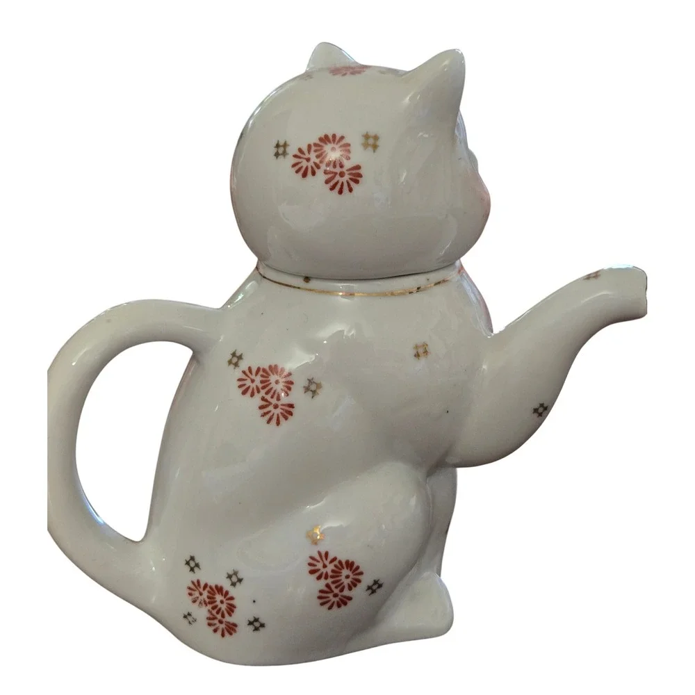 Vintage Porcelain Cat Teapot White with Red Floral Gold Accents Hand Painted